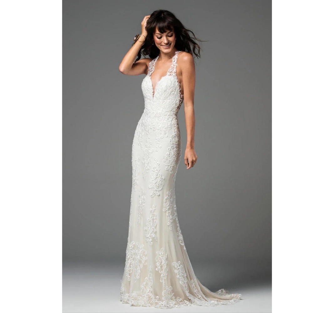 Willowby by waters sookie lace mermaid bohemian wedding dress with bustle size 0